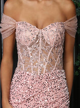 Royal Queen RQ8095 Off-Shoulder Corset Bodice Sequin Red Carpet Dress