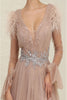 Royal Queen RQ8096 Cappuccino V-Neck Feather Formal A-Line Dress - Dress