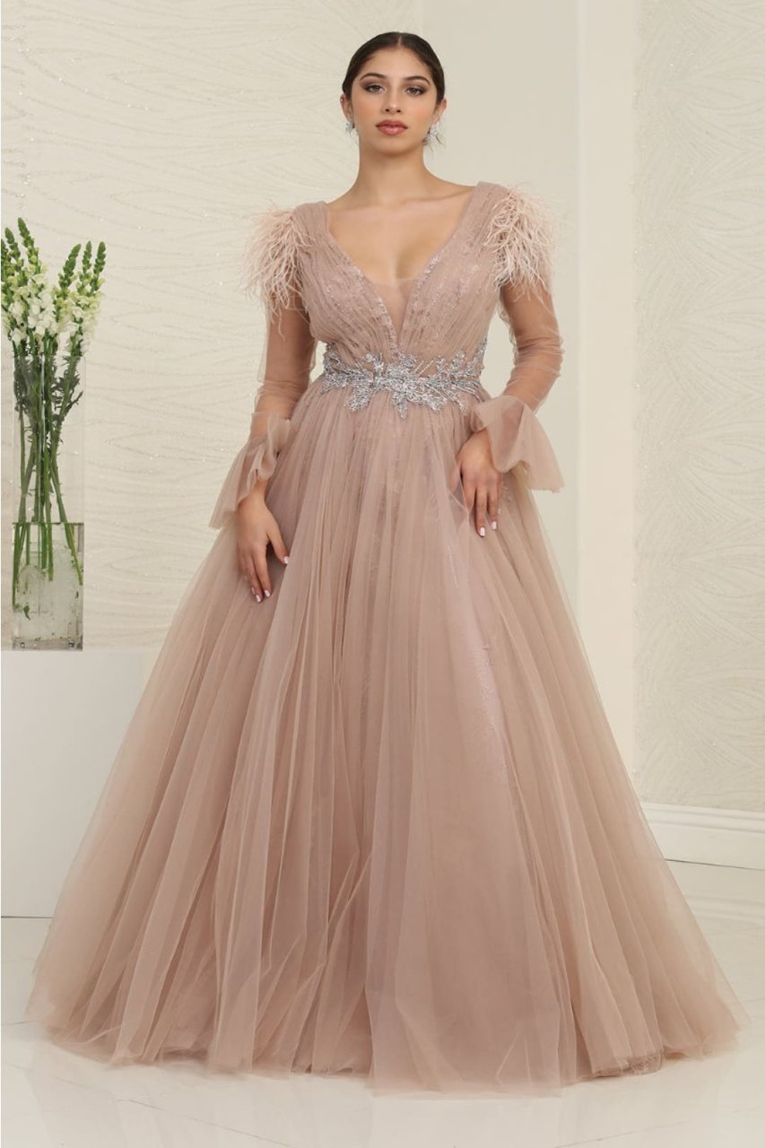 Royal Queen RQ8096 Cappuccino V-Neck Feather Formal A-Line Dress - CAPPUCCINO / 4 - Dress