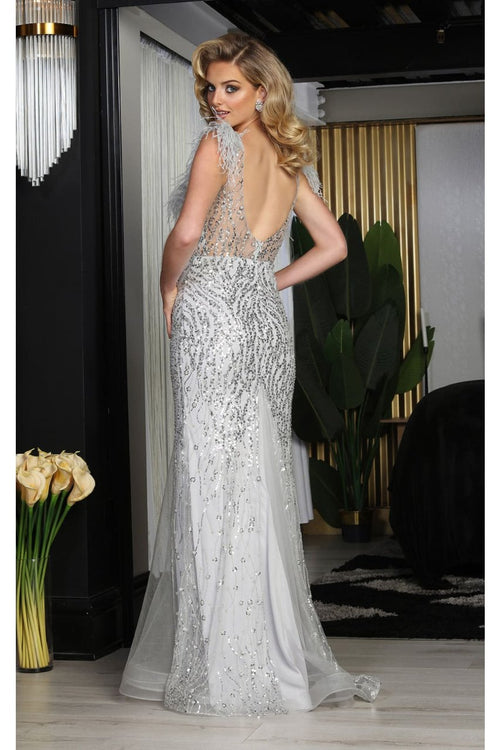 Royal Queen RQ8097 V-Neck Corset Bodice Feather Evening Long Dress - Dress