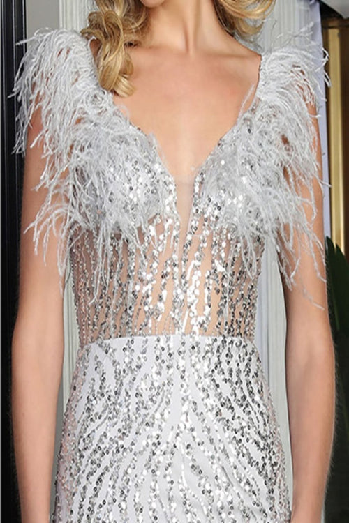 Royal Queen RQ8097 V-Neck Corset Bodice Feather Evening Long Dress - Dress