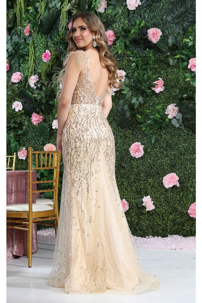 Royal Queen RQ8097 V-Neck Corset Bodice Feather Evening Long Dress - Dress