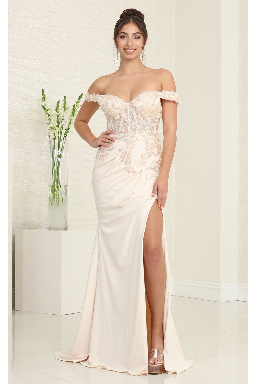 Royal Queen RQ8110 Applique Off Shoulder Prom Dress Elegant & Stunning - Champagne / 4 - Dress