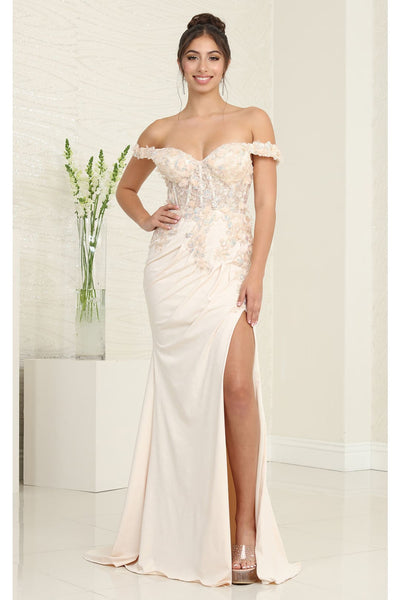 Royal Queen RQ8110 Applique Off Shoulder Prom Dress Elegant & Stunning - Champagne / 4 - Dress