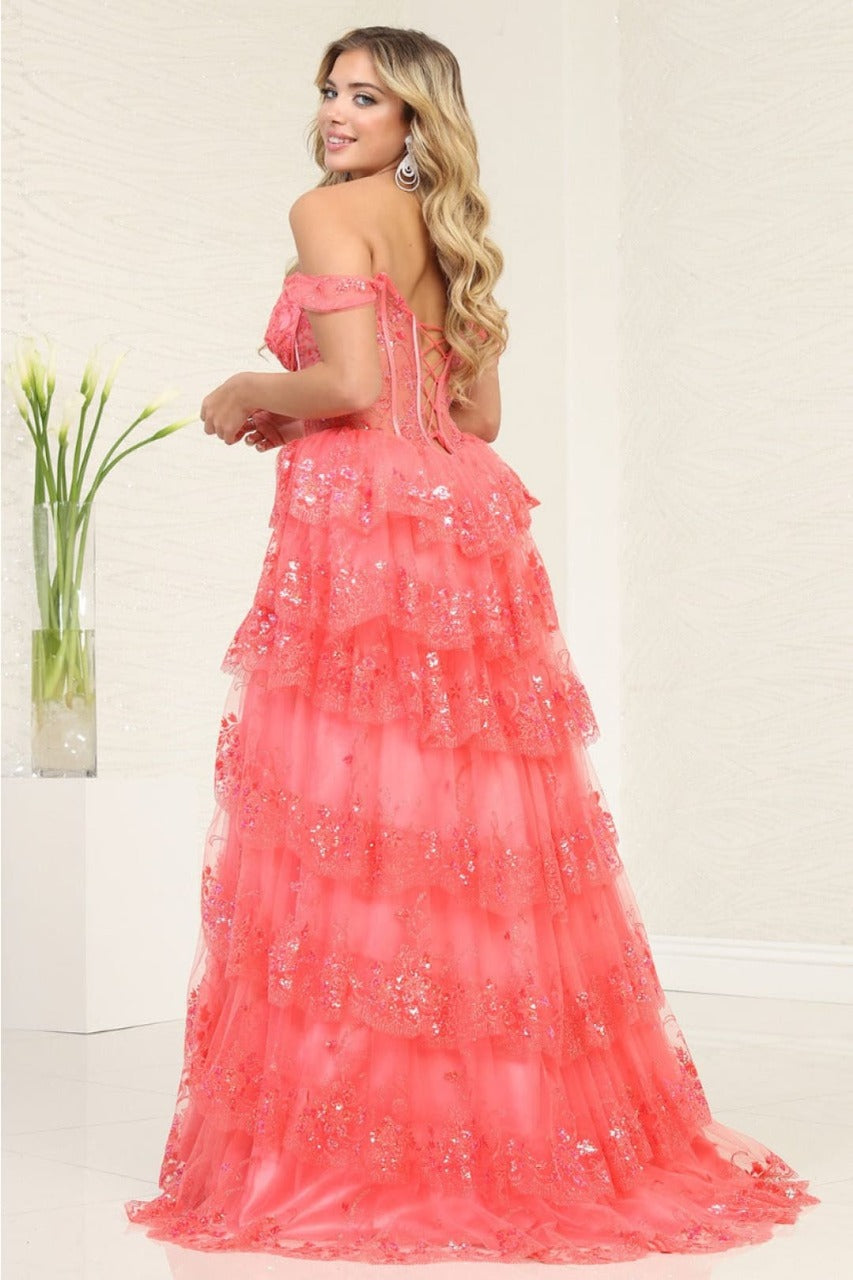 Royal Queen RQ8115 Off-Shoulder Ruffle Sheer Bodice Prom Gown - Dress