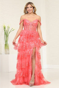 Royal Queen RQ8115 Off-Shoulder Ruffle Sheer Bodice Prom Gown - CORAL / 4 - Dress