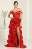 Royal Queen RQ8115 Off-Shoulder Ruffle Sheer Bodice Prom Gown - RED / 4 - Dress