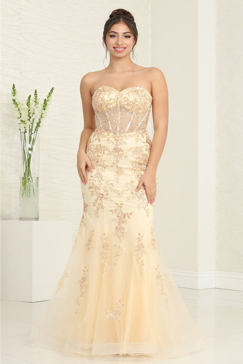 Royal Queen RQ8118-Champagne & Gold Floral Elegance Prom Gown - Dress