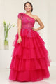 Royal Queen RQ8119-Dramatic Layered Ruffle Asymmetric Tulle Gala Gown - Fuchsia / 4