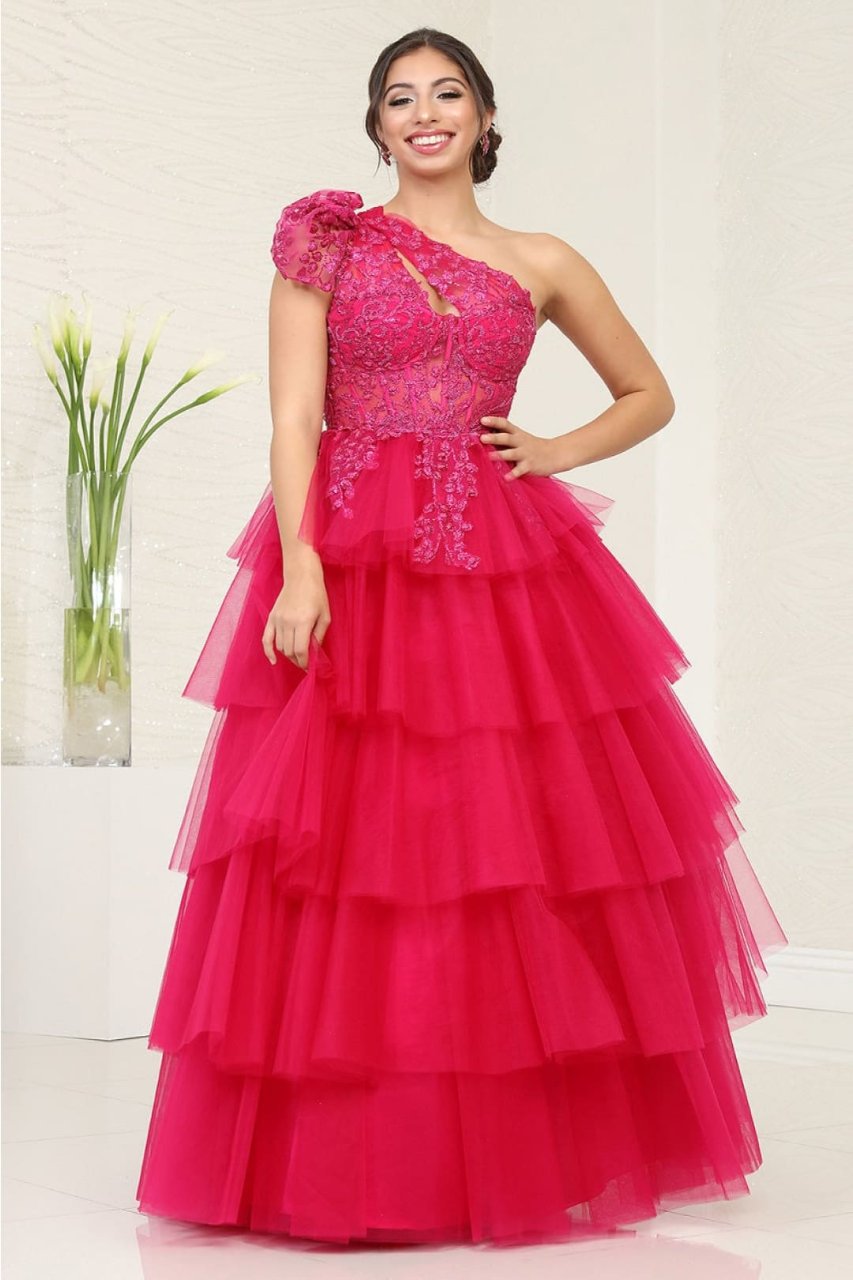 Royal Queen RQ8119-Dramatic Layered Ruffle Asymmetric Tulle Gala Gown - Fuchsia / 4