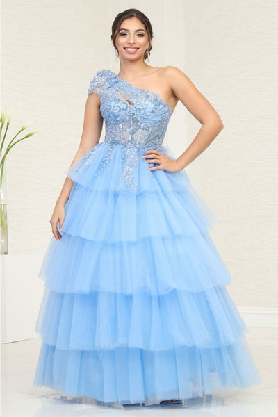 Royal Queen RQ8119-Dramatic Layered Ruffle Asymmetric Tulle Gala Gown - Smoky Blue / 4