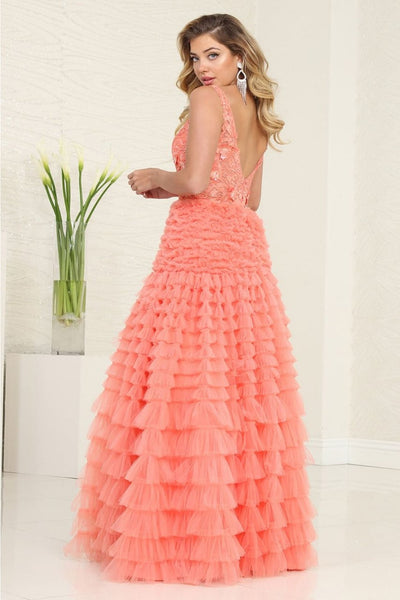 Royal Queen RQ8123 -Timeless 3D Floral Corset Tulle Gala Dress - Coral / 4