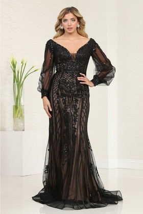 Royal Queen RQ8125 Sequin V-Neck Long Sleeve Evening Gown