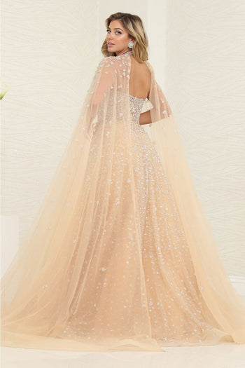 Royal Queen RQ8133 Champagne Beaded Evening Dress with Cape Elegant