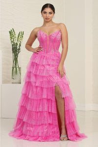 Royal Queen RQ8142 Strapless Layered Ruffle Tulle Pageant Gown - FUCHSIA / 4 - Dress