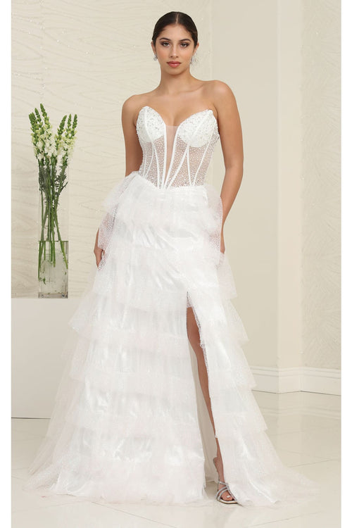Royal Queen RQ8142 Strapless Layered Ruffle Tulle Pageant Gown - WHITE / 4 - Dress