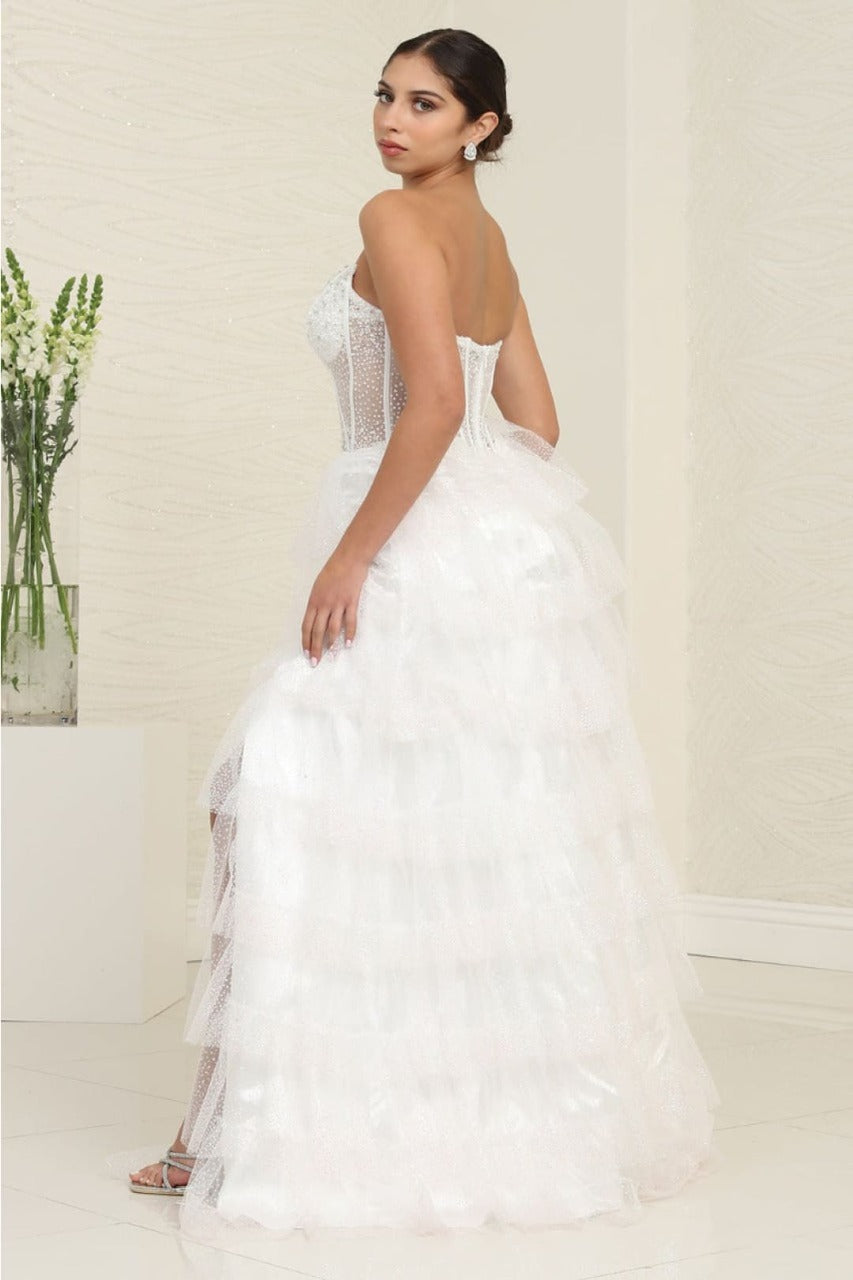 Royal Queen RQ8142B White V Neck Embellished Slit Wedding Gown - Dress