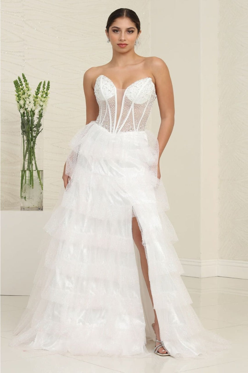 Royal Queen RQ8142 White V Neck Embellished Slit Wedding Gown
