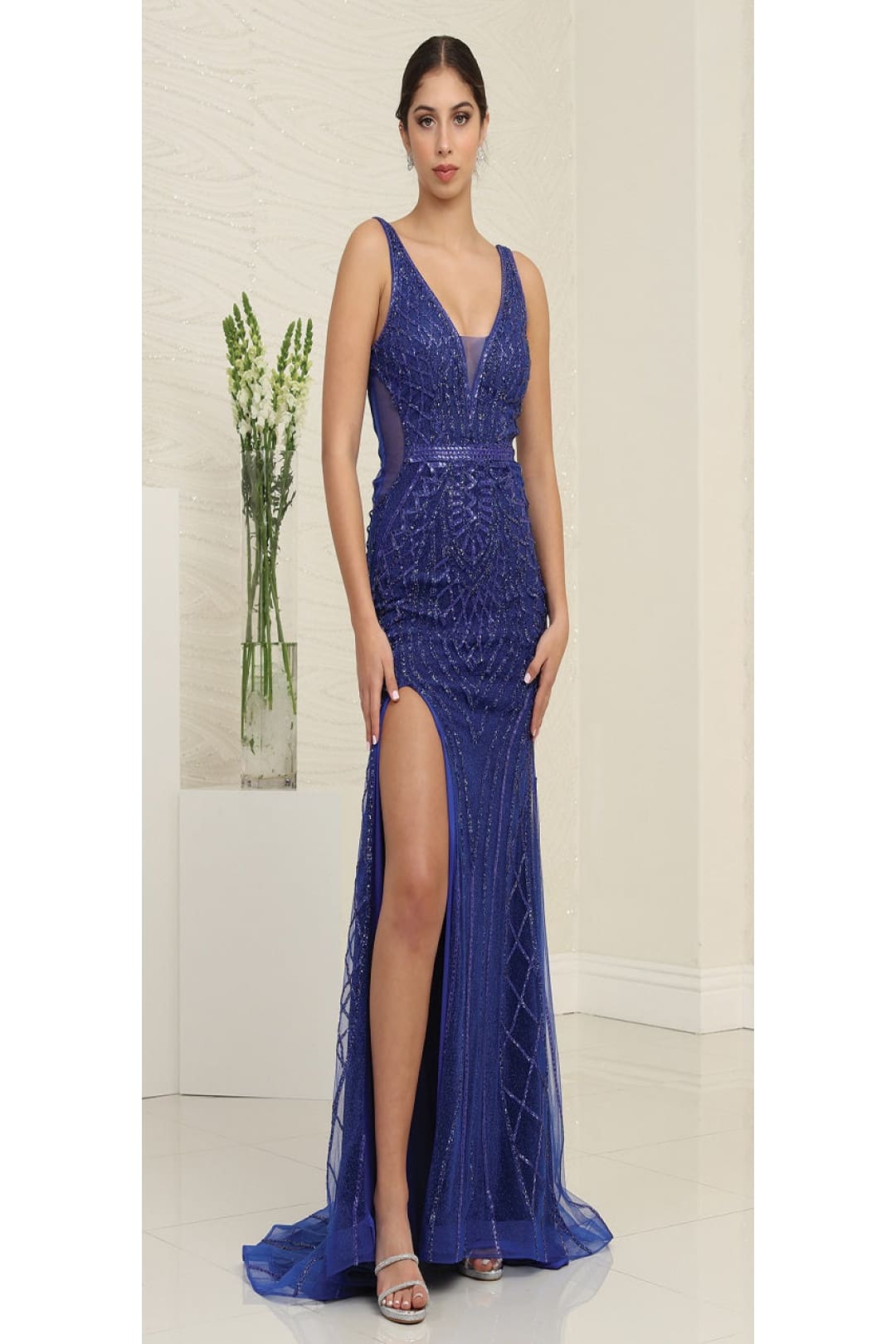 RQ Royal Queen RQ8127 High Slit Sheath Gown with Sheer Sides Wholesale