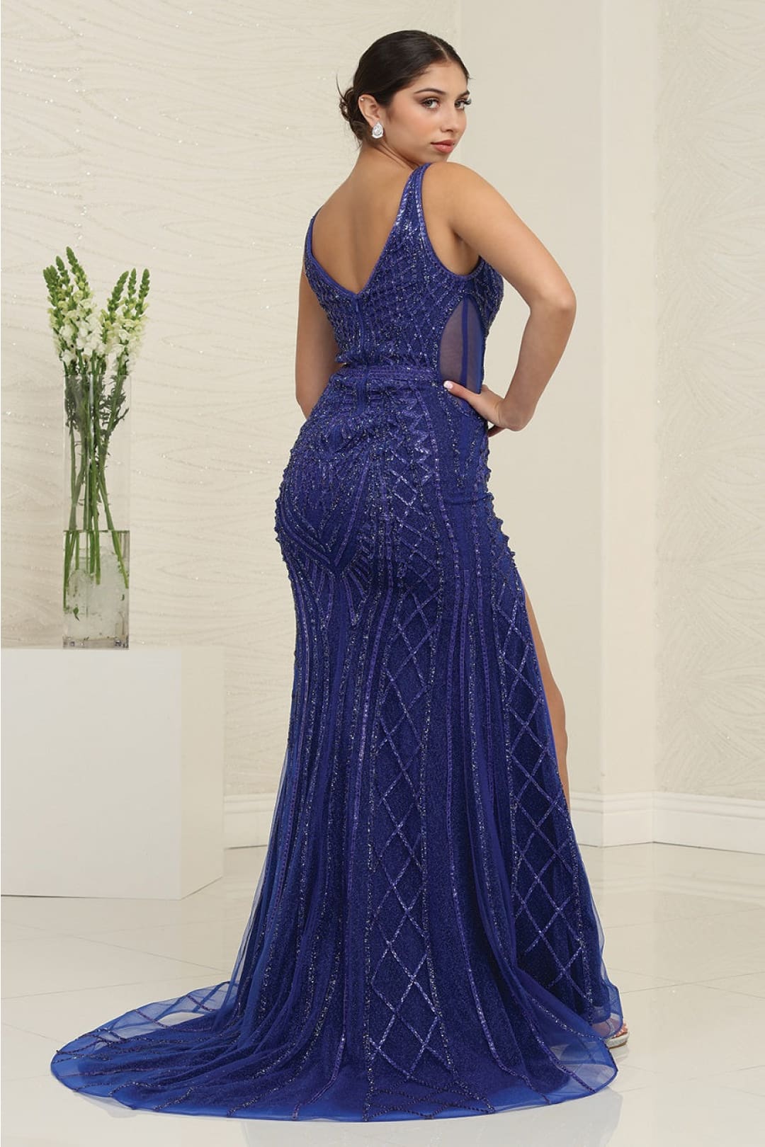 RQ Royal Queen RQ8127 High Slit Sheath Gown with Sheer Sides Wholesale