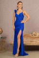 Ruched Glitter Feather Slit Gown by Elizabeth K GL3140 - XS / Royal Blue - Long Formal Dresses