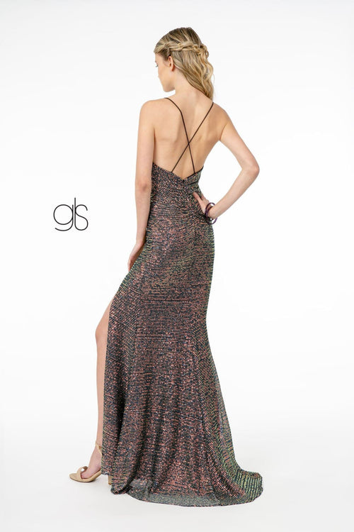 Ruched Long Fitted Sequin Dress with Side Slit by Elizabeth K GL1813 - Long Formal Dresses