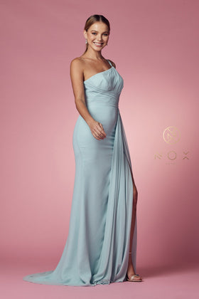 One Shoulder Ruched Sheath Dress with High Slit & Draped Detail Evening Gown by Nox Anabel E1005