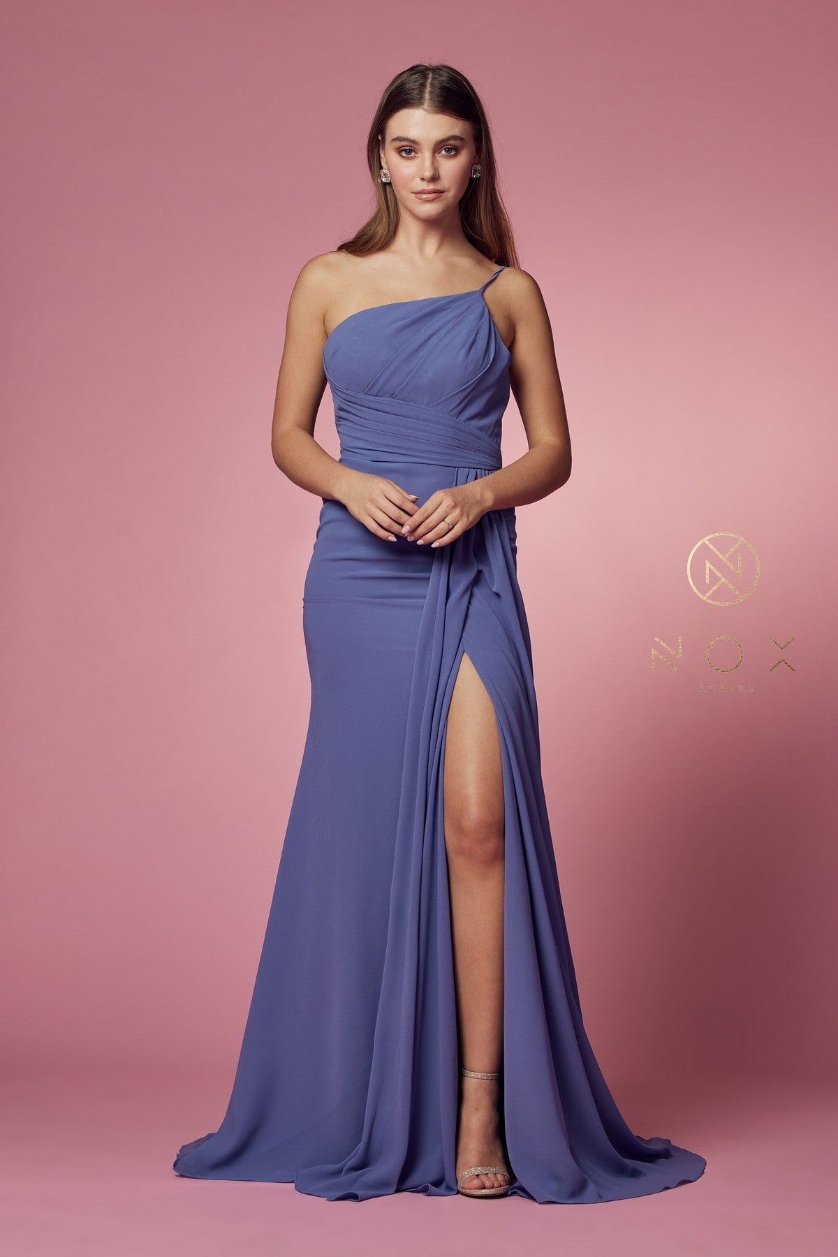 Nox Anabel Slate Blue Soft Stretch Crepe / Jersey Blend Sheath Long Formal Dresses
