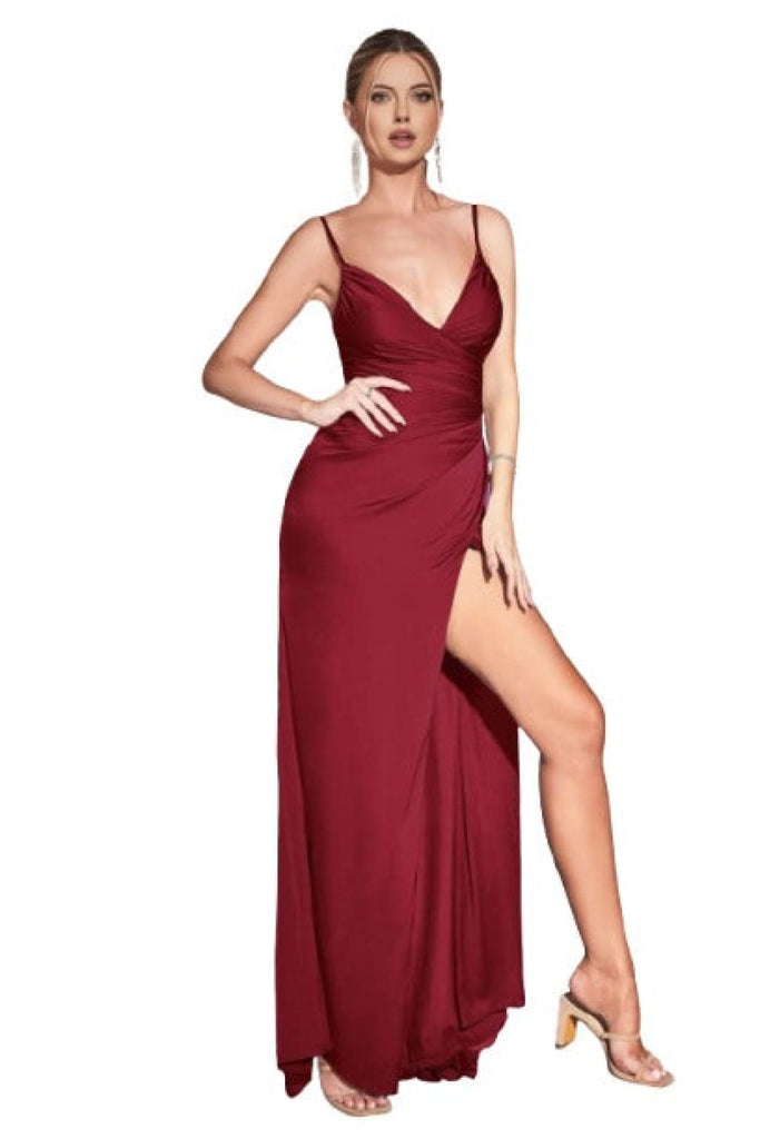 Ruched V-Neck Evening Gown 2025 Elegant Formal Dress - Burgundy / 2 - Prom