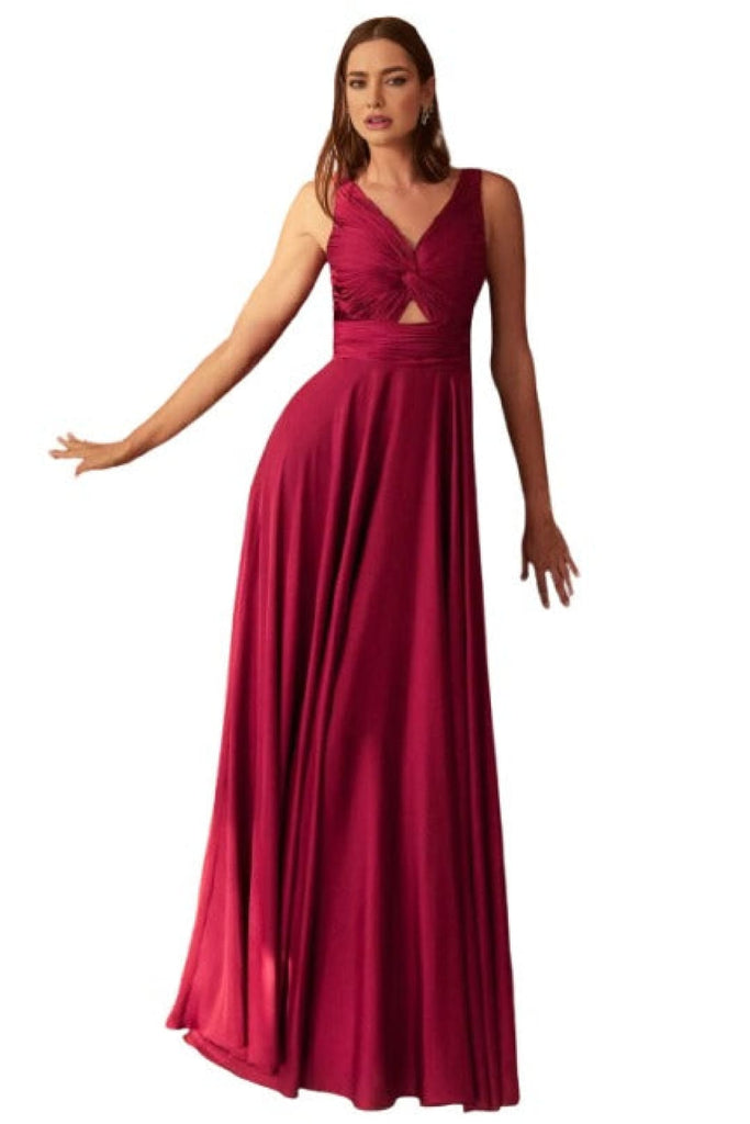 Ruched V-Neck Knotted Prom Gown 2025 Elegant Evening Dress - Burgundy / 4 - Prom