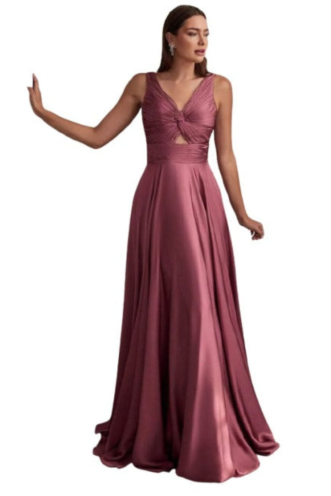 Ruched V-Neck Knotted Prom Gown 2025 Elegant Evening Dress - Mauve Rose / 4 - Prom