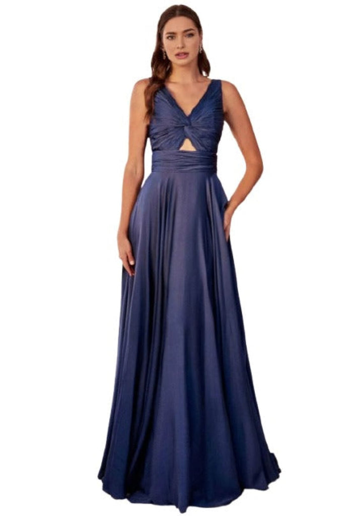 Ruched V-Neck Knotted Prom Gown 2025 Elegant Evening Dress - Navy / 4 - Prom