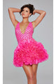 Ruffle Short Sequin-Print Hoco Dress: Jovani 39931 - Neon Hot Pink / 00 - Apparel & Accessories > Clothing > Dresses