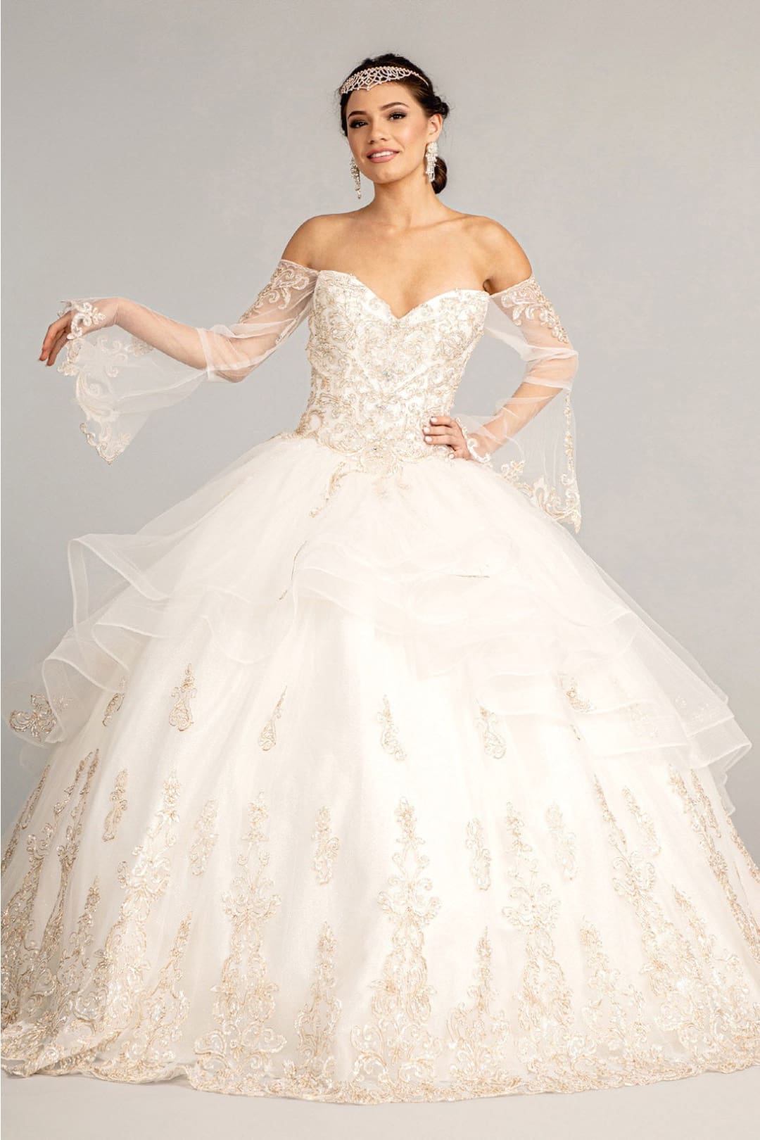 Ruffled Bell Sleeve Ball Gown by Elizabeth K GL1976 - XS / Off White - Quinceanera Dresses