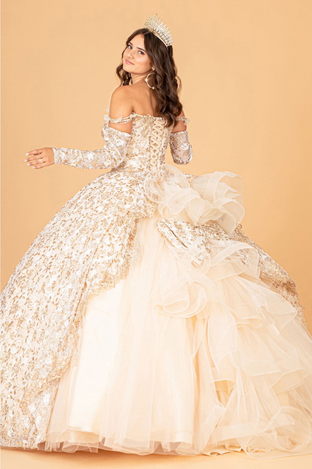 Champagne Quince Dress Ruffled Floral Ball Gown by Elizabeth K GL3072 - M / Champagne Champagne Quince Dress Ruffled Floral Ball Gown by Elizabeth K GL3072 - M / Champagne