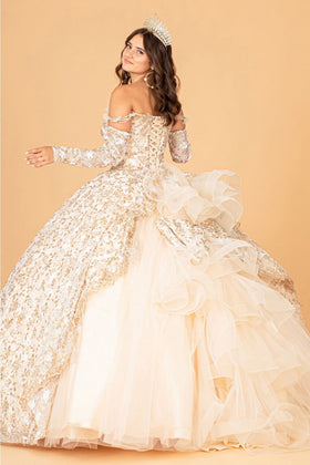 Champagne Quince Dress Ruffled Floral Ball Gown by Elizabeth K GL3072