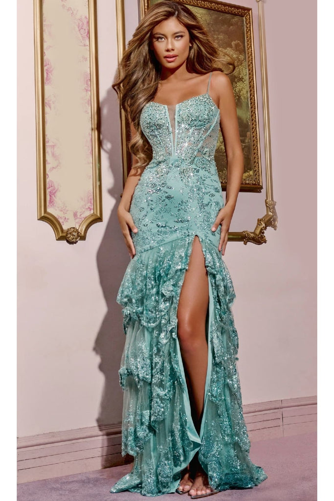 Ruffled Long Glitter Prom Dress: Jovani 43171 - Sage / Prom