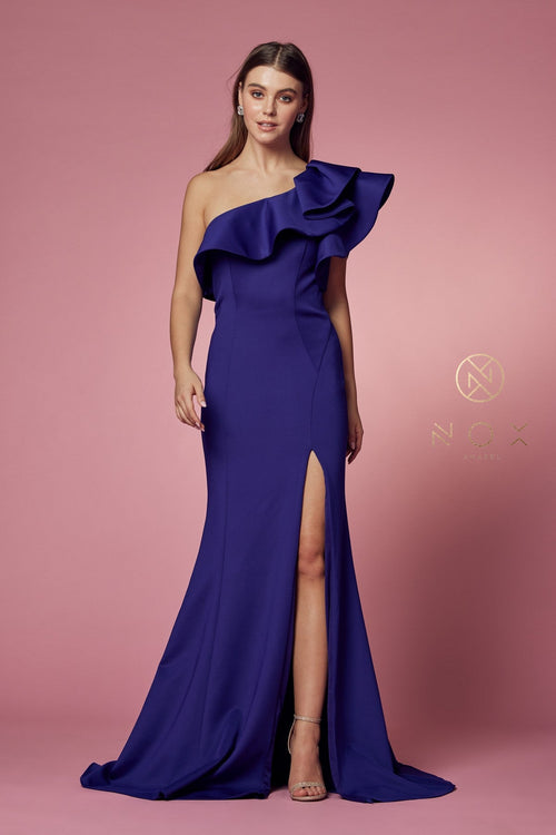 Nox Anabel E467 One Shoulder Ruffled Fitted Long Evening Gown with Slit