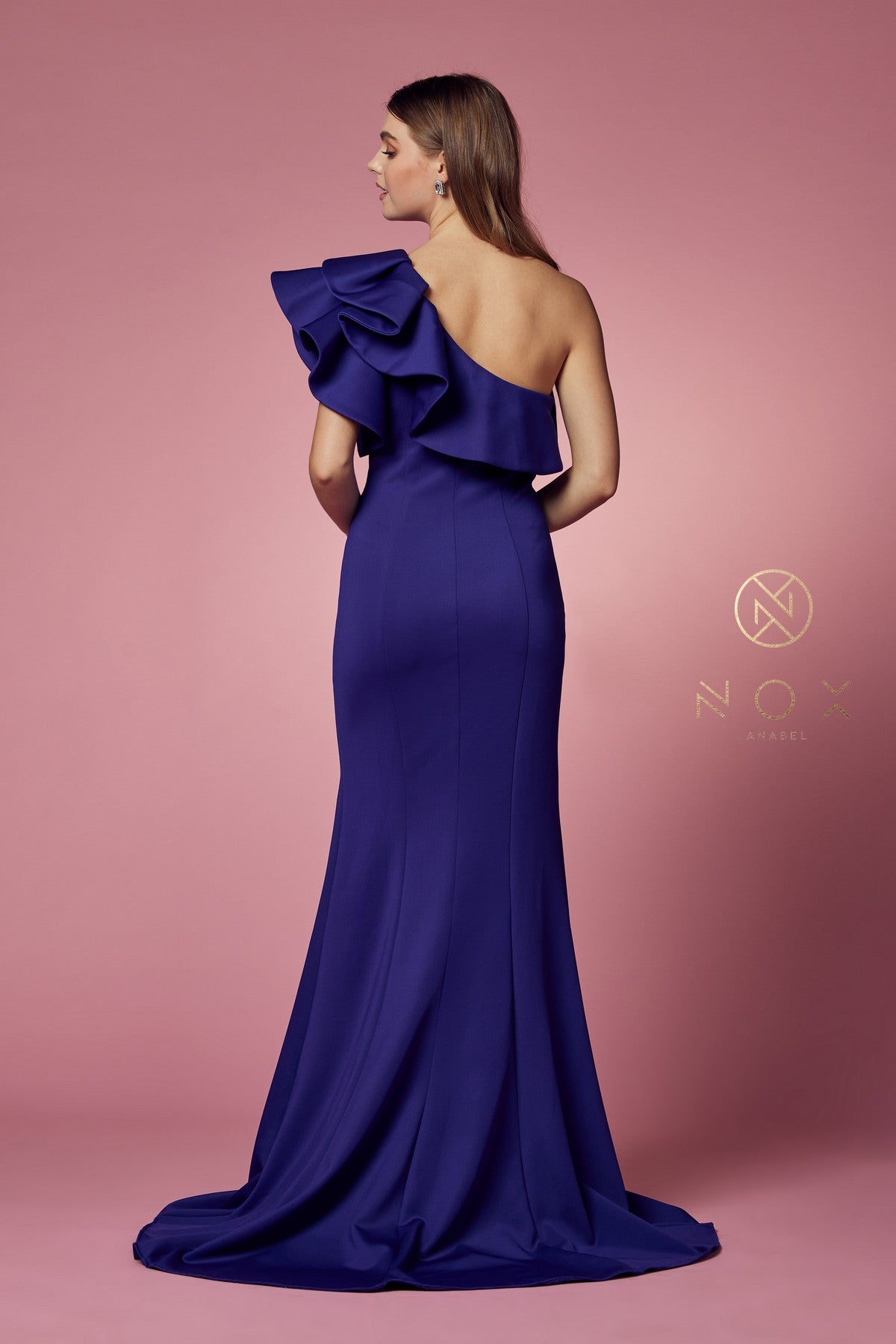 Nox Anabel E467 One Shoulder Ruffled Fitted Long Evening Gown with Slit
