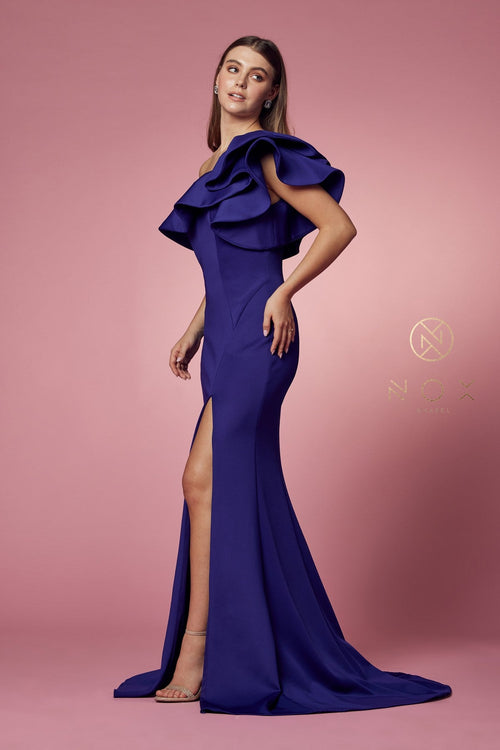 Nox Anabel E467 One Shoulder Ruffled Fitted Long Evening Gown with Slit