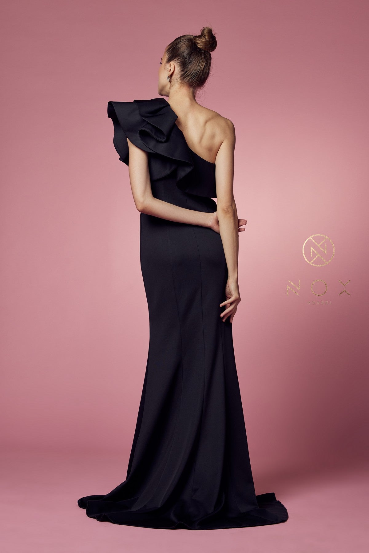 Nox Anabel E467 One Shoulder Ruffled Fitted Long Evening Gown with Slit