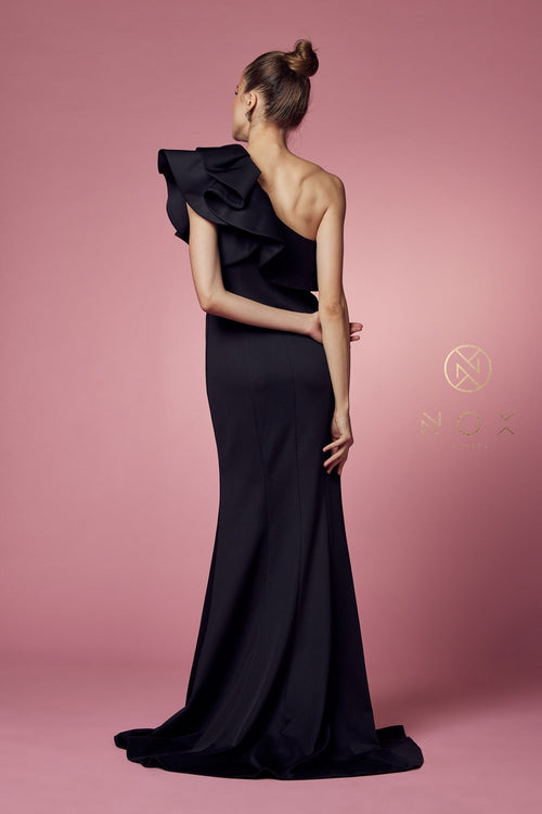 Nox Anabel E467 One Shoulder Ruffled Fitted Long Evening Gown with Slit