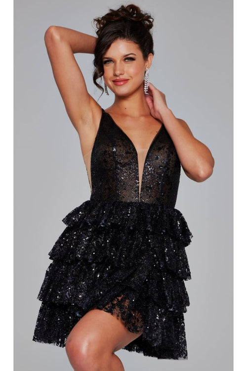 Ruffled Short Glitter Hoco Dress: Jovani 39700 - Black/Black / 00 - Apparel & Accessories > Clothing > Dresses