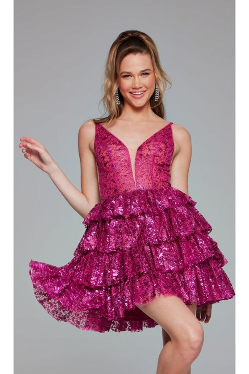 Ruffled Short Glitter Hoco Dress: Jovani 39700 - Hot Pink/Hot Pink / 00 - Apparel & Accessories > Clothing > Dresses