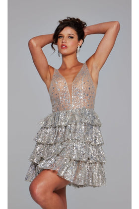 Ruffled Short Glitter Hoco Dress: Jovani 39700