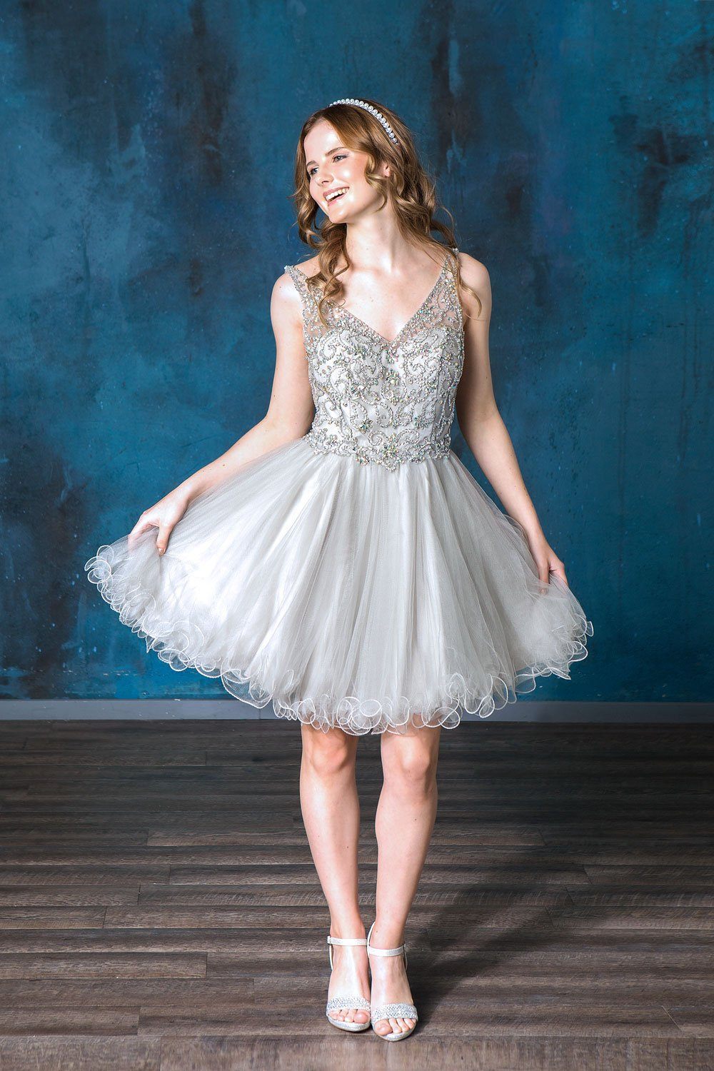 Ruffled Short V-Neck Tulle Dress by Calla Collection – KY72071
