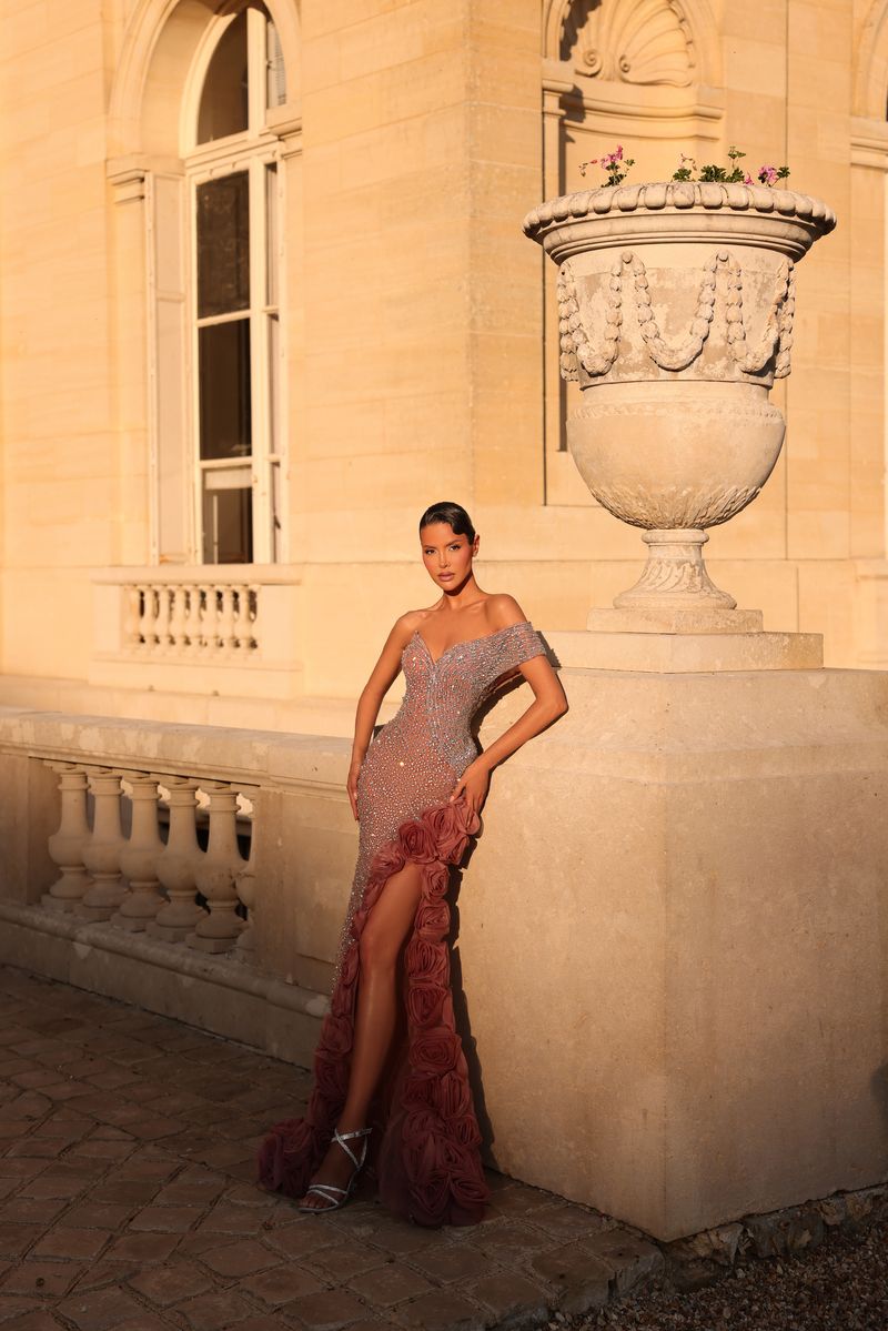 Off-the-Shoulder Beaded Evening Gown