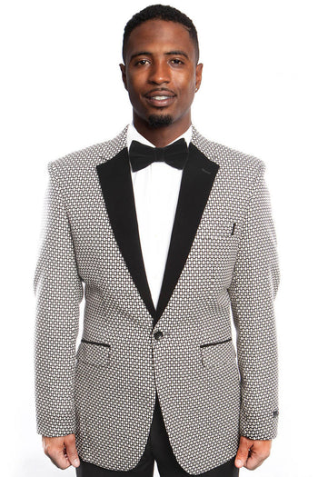 Blazer ajustado blanco y negro con diseño de ojo de pájaro y solapa de terciopelo negro para hombre