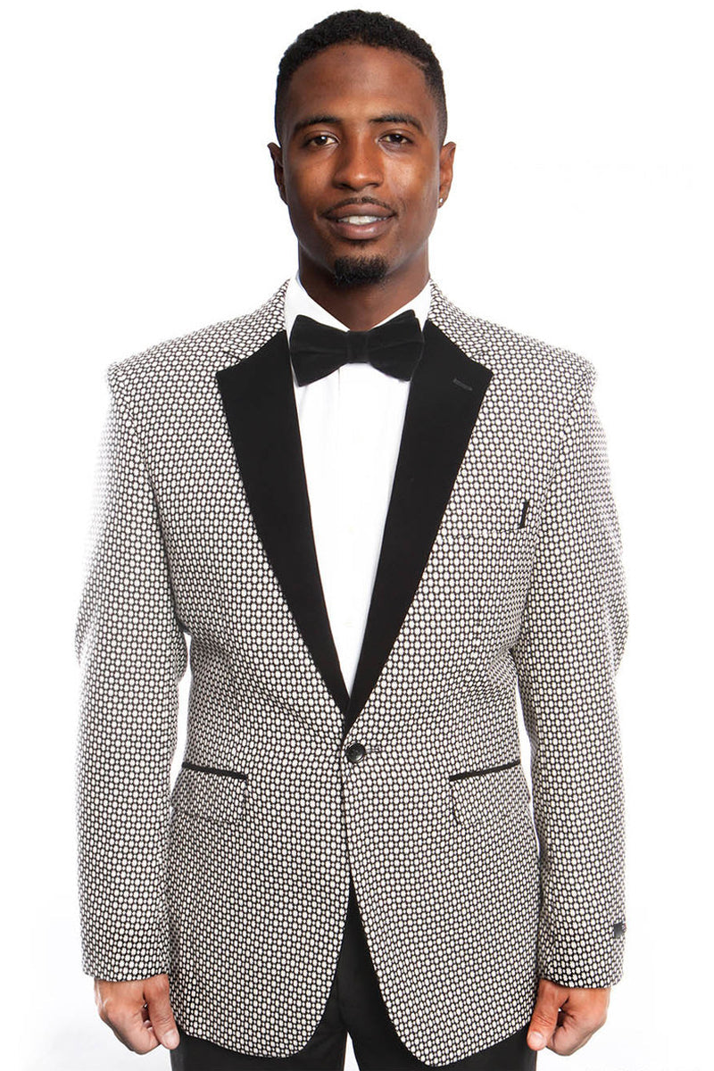 Blazer ajustado blanco y negro con diseño de ojo de pájaro y solapa de terciopelo negro para hombre