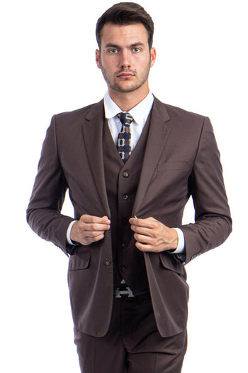 Men's Modern Cocoa Wool Suit with Vested Two Button Design